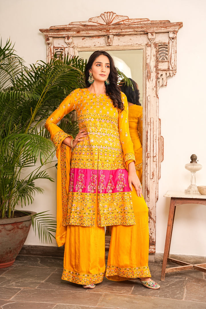 YELLOW KURTA SET FOR WOMEN- PAIRED WITH DUPATTA - EMBROIDERED WITH RESHAM & HANDWORK - SET OF 3