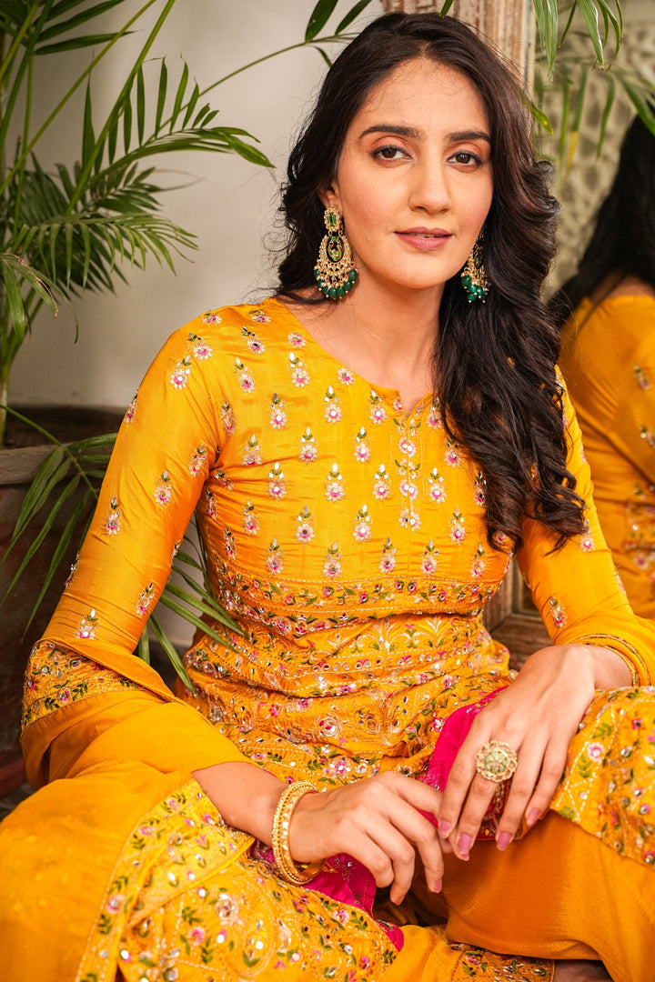 YELLOW KURTA SET FOR WOMEN- PAIRED WITH DUPATTA - EMBROIDERED WITH RESHAM & HANDWORK - SET OF 3