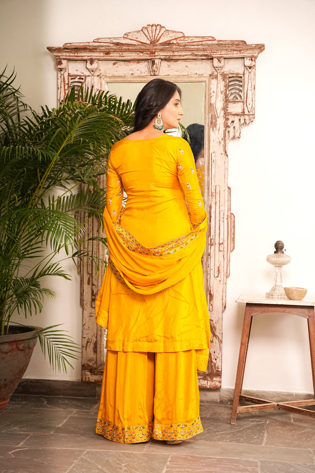 YELLOW KURTA SET FOR WOMEN- PAIRED WITH DUPATTA - EMBROIDERED WITH RESHAM & HANDWORK - SET OF 3