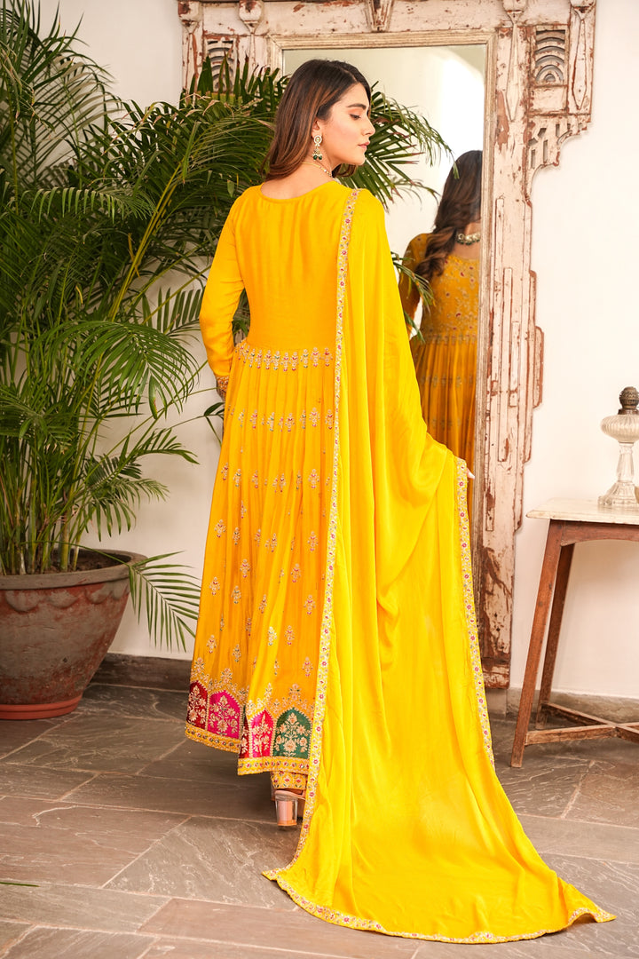 YELLOW ANARKALI FOR WOMEN - PAIRED WITH PENCIL PANT & DUPATTA - EMBROIDERED WITH RESHAM & HANDWORK - SET OF 3