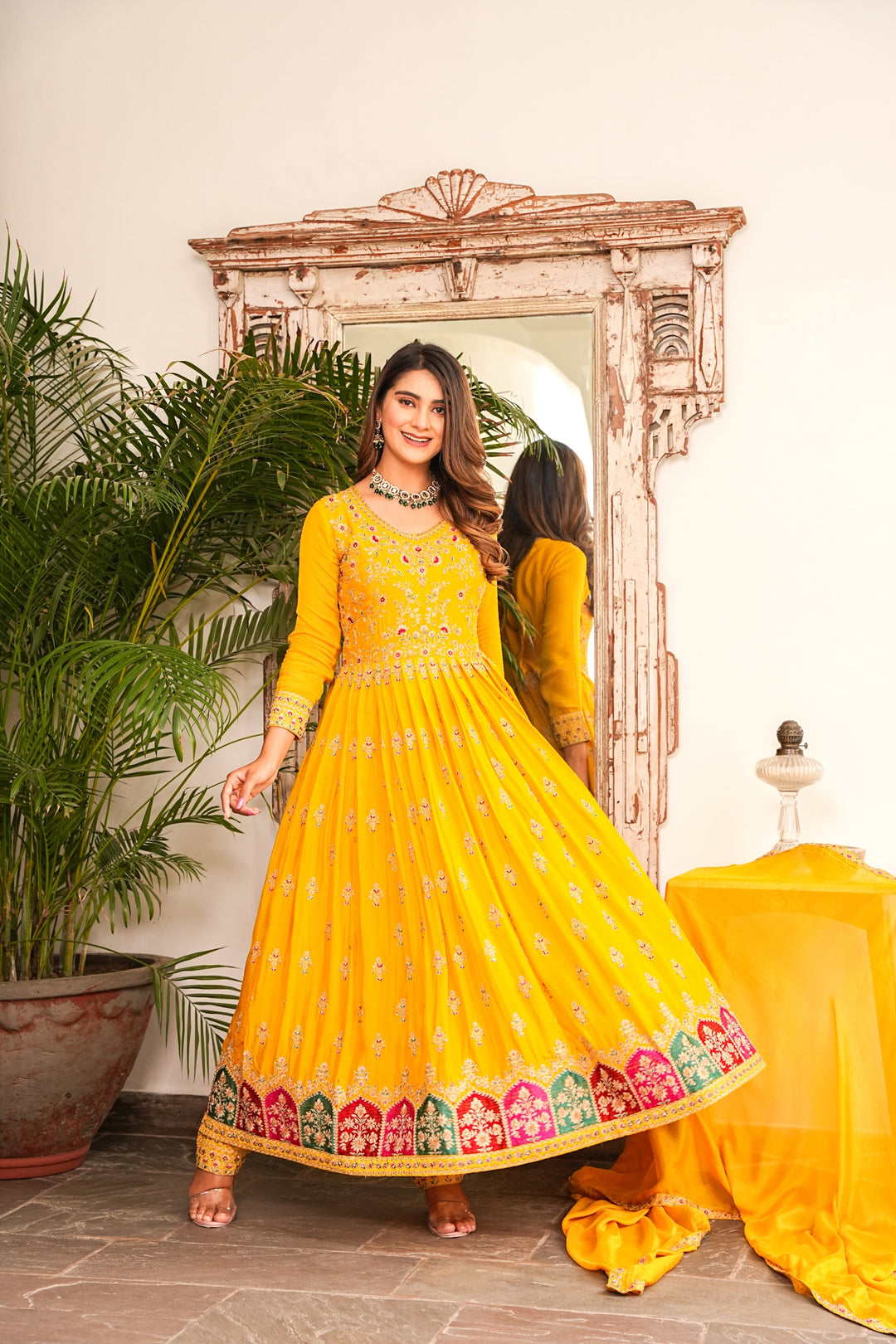 YELLOW ANARKALI FOR WOMEN - PAIRED WITH PENCIL PANT & DUPATTA - EMBROIDERED WITH RESHAM & HANDWORK - SET OF 3