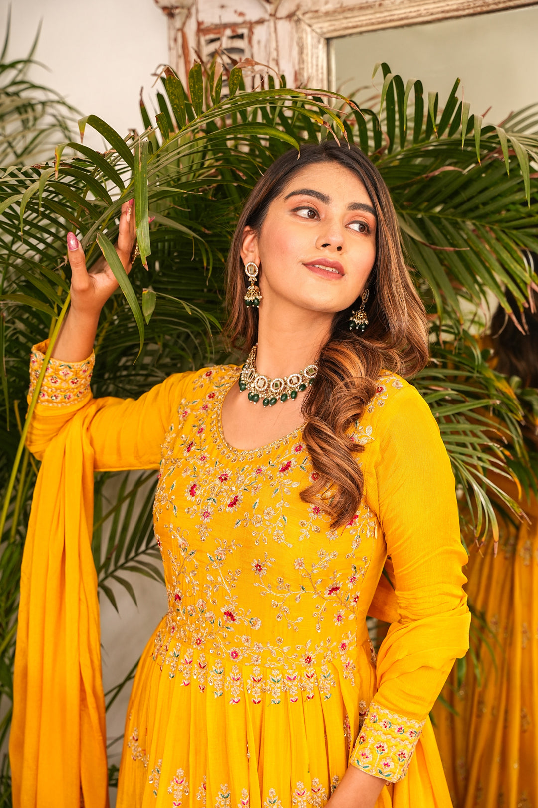 YELLOW ANARKALI FOR WOMEN - PAIRED WITH PENCIL PANT & DUPATTA - EMBROIDERED WITH RESHAM & HANDWORK - SET OF 3