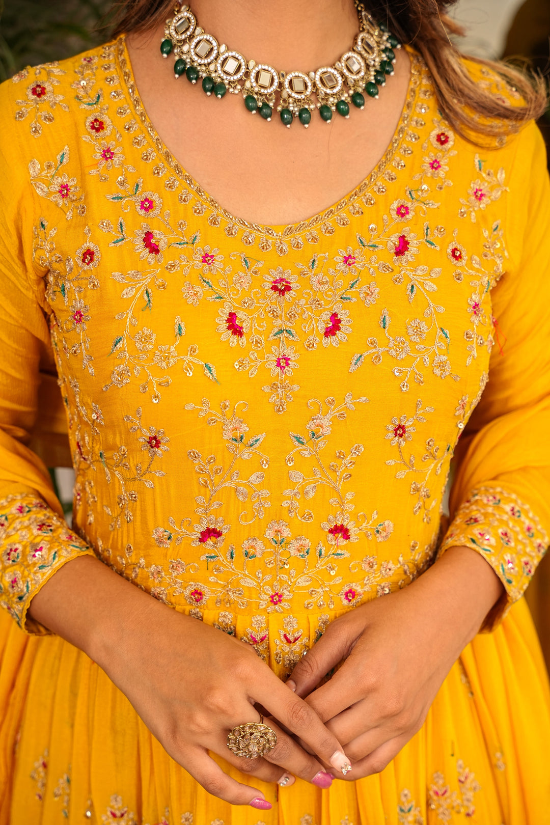 YELLOW ANARKALI FOR WOMEN - PAIRED WITH PENCIL PANT & DUPATTA - EMBROIDERED WITH RESHAM & HANDWORK - SET OF 3