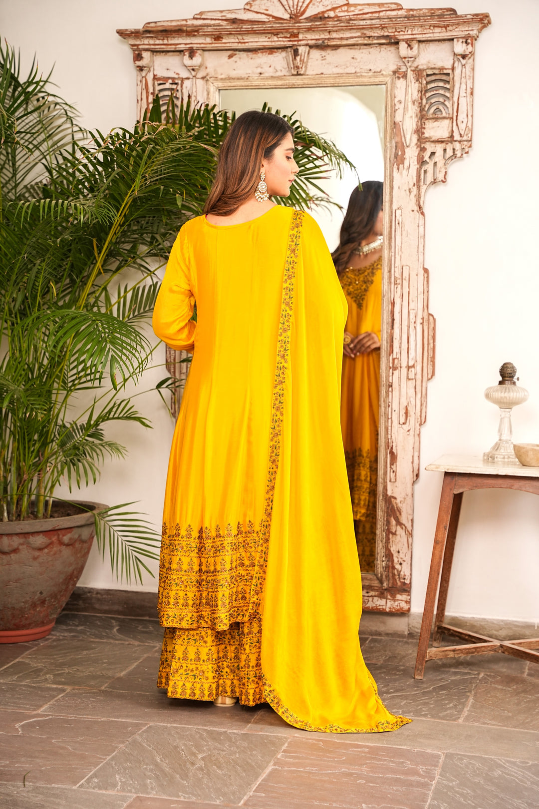 YELLOW SHARARA SET FOR WOMEN - PAIRED WITH DUPATTA - EMBROIDERED WITH RESHAM & HANDWORK - SET OF 3