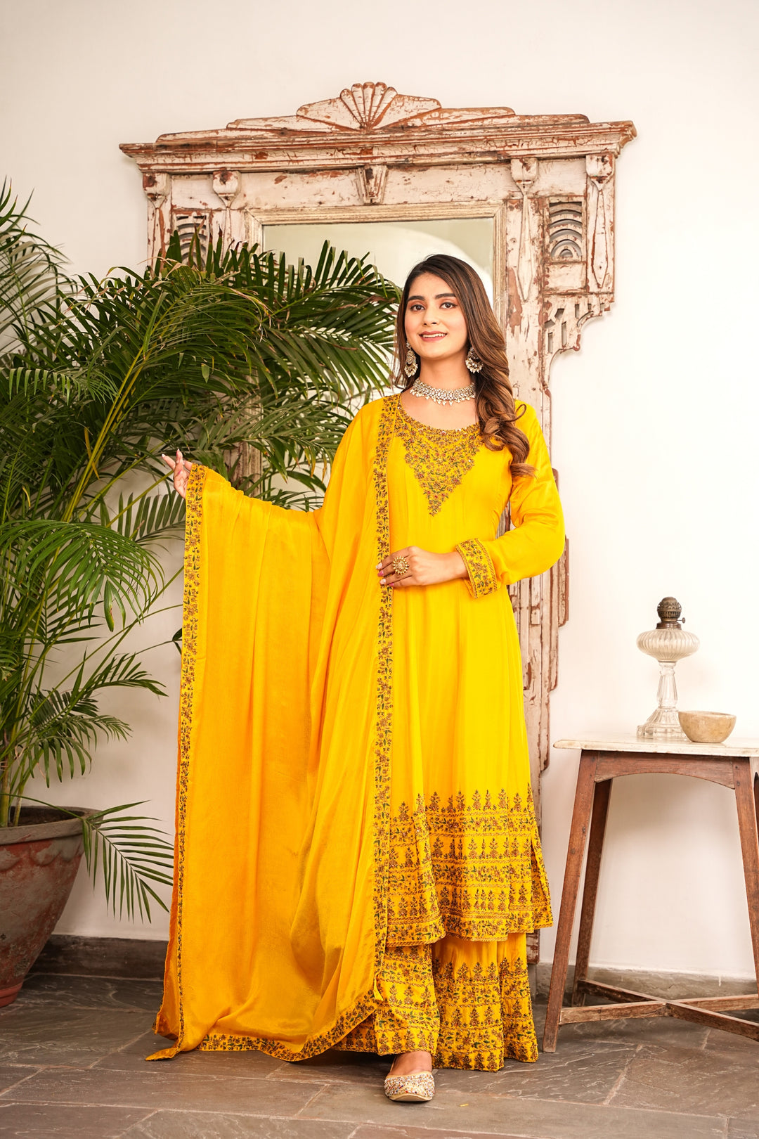 YELLOW SHARARA SET FOR WOMEN - PAIRED WITH DUPATTA - EMBROIDERED WITH RESHAM & HANDWORK - SET OF 3