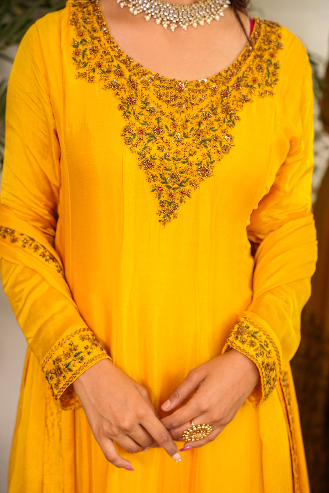 YELLOW SHARARA SET FOR WOMEN - PAIRED WITH DUPATTA - EMBROIDERED WITH RESHAM & HANDWORK - SET OF 3