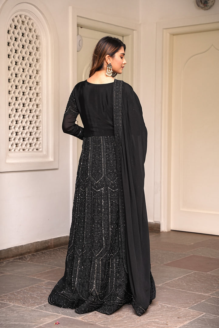 BLACK INDO-WESTERN FRONT SLIT GOWN FOR WOMEN - PAIRED WITH LEHENGA & DUPATTA - EMBROIDERED WITH RESHAM & HANDWORK - SET OF 3