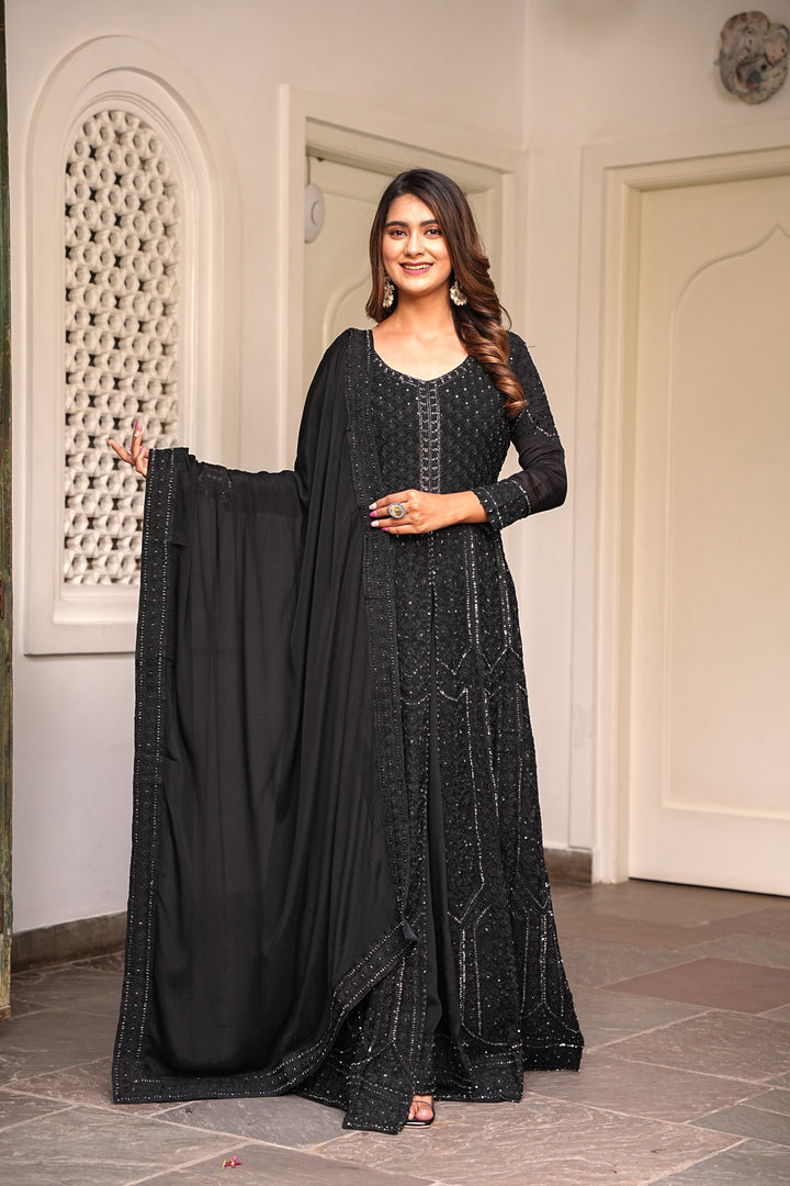 BLACK INDO-WESTERN FRONT SLIT GOWN FOR WOMEN - PAIRED WITH LEHENGA & DUPATTA - EMBROIDERED WITH RESHAM & HANDWORK - SET OF 3