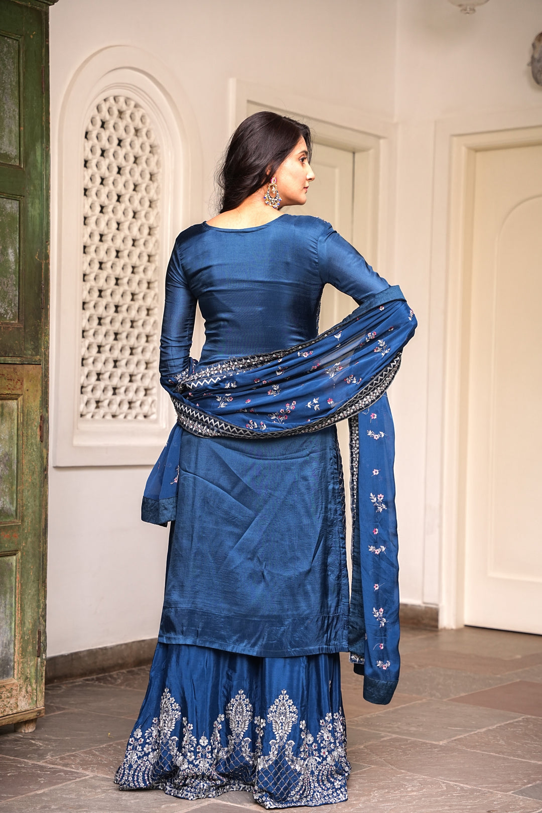 BLUE STRAIGHT KURTA & LEHENGA SET FOR WOMEN- PAIRED WITH DUPATTA - EMBROIDERED WITH RESHAM & HANDWORK - SET OF 3