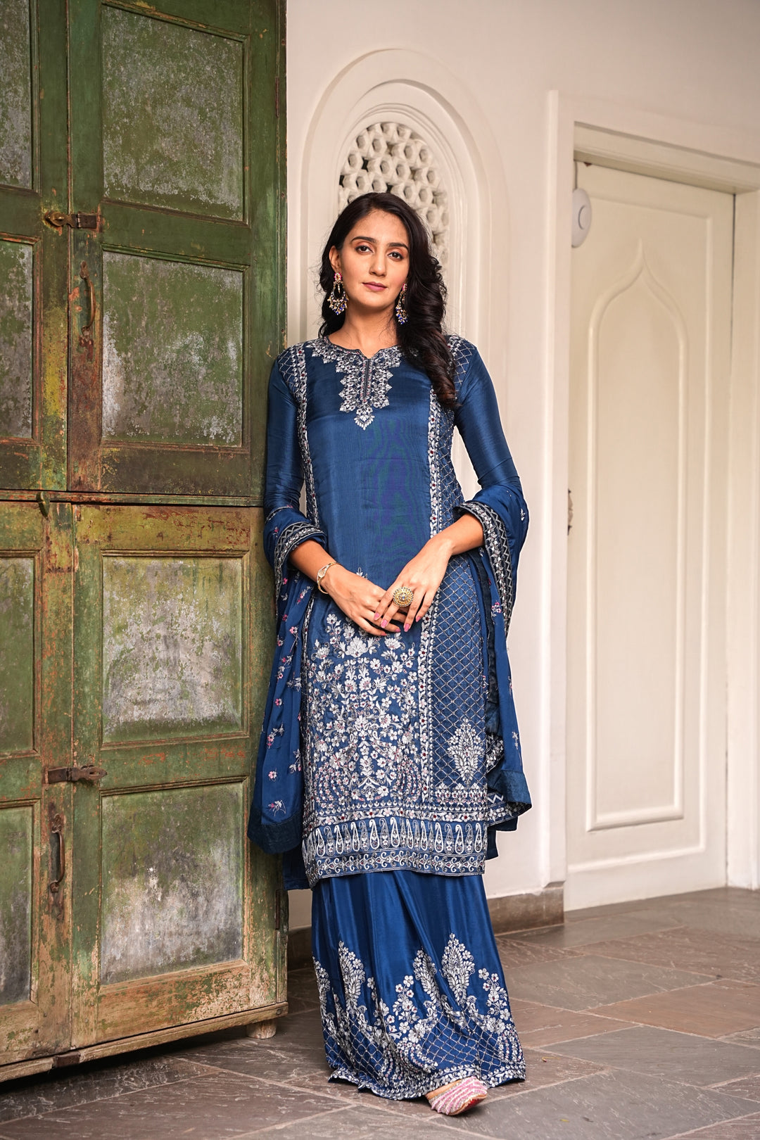 BLUE STRAIGHT KURTA & LEHENGA SET FOR WOMEN- PAIRED WITH DUPATTA - EMBROIDERED WITH RESHAM & HANDWORK - SET OF 3