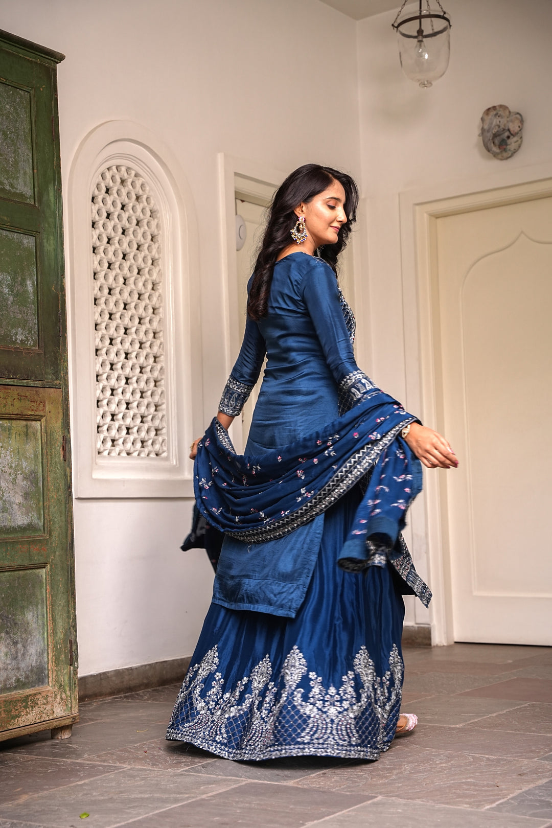 BLUE STRAIGHT KURTA & LEHENGA SET FOR WOMEN- PAIRED WITH DUPATTA - EMBROIDERED WITH RESHAM & HANDWORK - SET OF 3