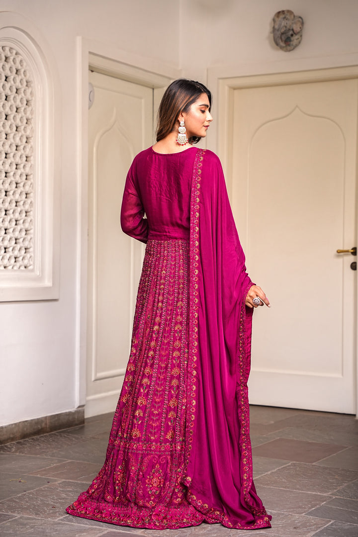 MAROON LONG GOWN FOR WOMEN- PAIRED WITH DUPATTA- EMBROIDERED WITH RESHAM & HANDWORK - SET OF 2