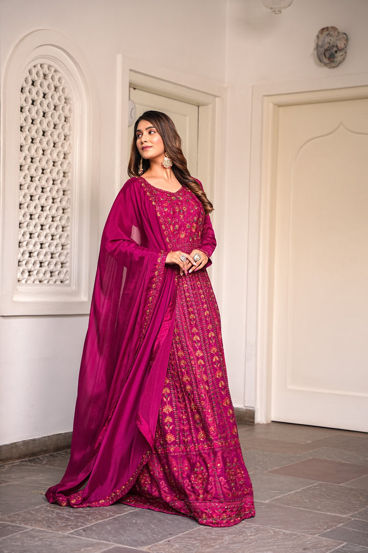 MAROON LONG GOWN FOR WOMEN- PAIRED WITH DUPATTA- EMBROIDERED WITH RESHAM & HANDWORK - SET OF 2