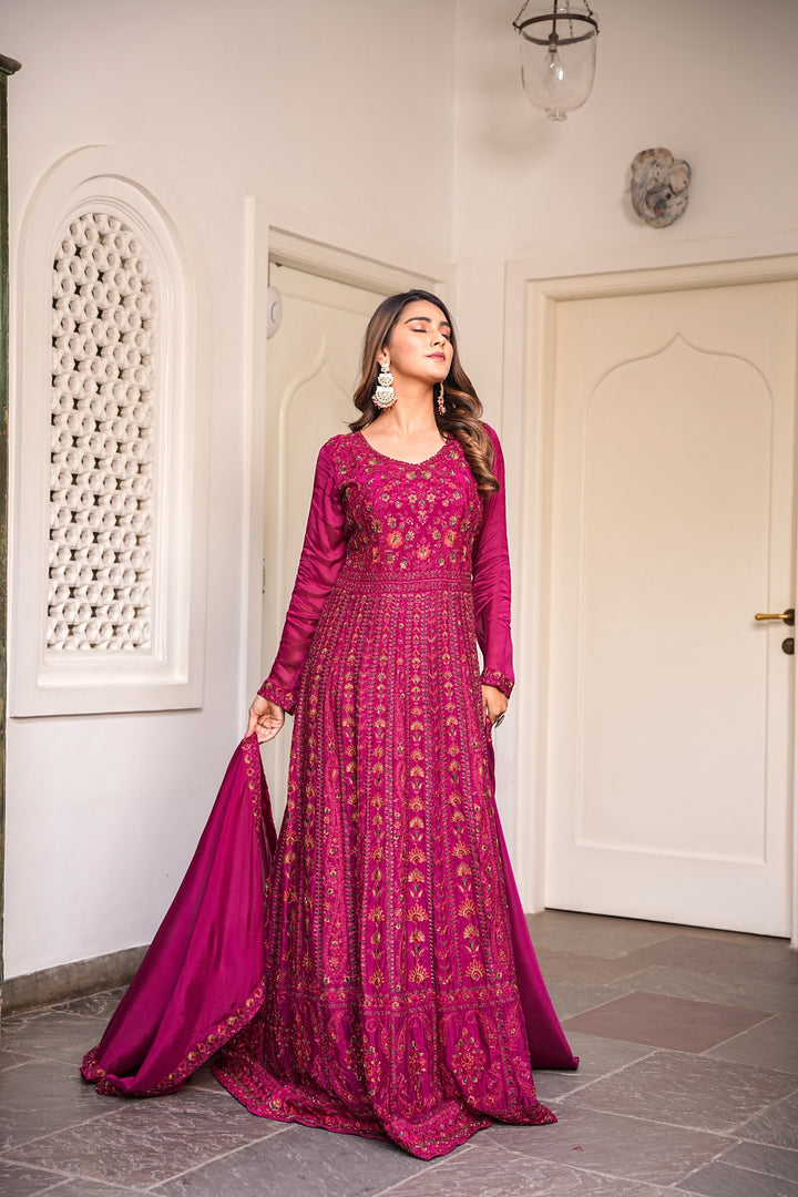 MAROON LONG GOWN FOR WOMEN- PAIRED WITH DUPATTA- EMBROIDERED WITH RESHAM & HANDWORK - SET OF 2