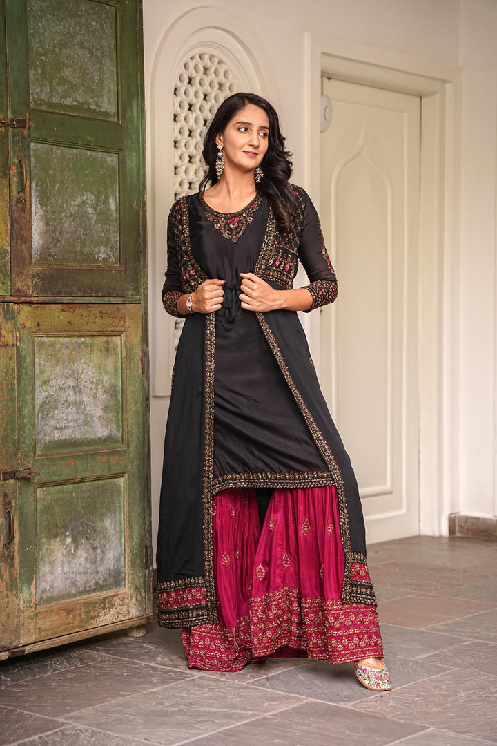 BLACK SHARARA SET FOR WOMEN- PAIRED WITH JACKET - EMBROIDERED WITH RESHAM & HANDWORK - SET OF 3