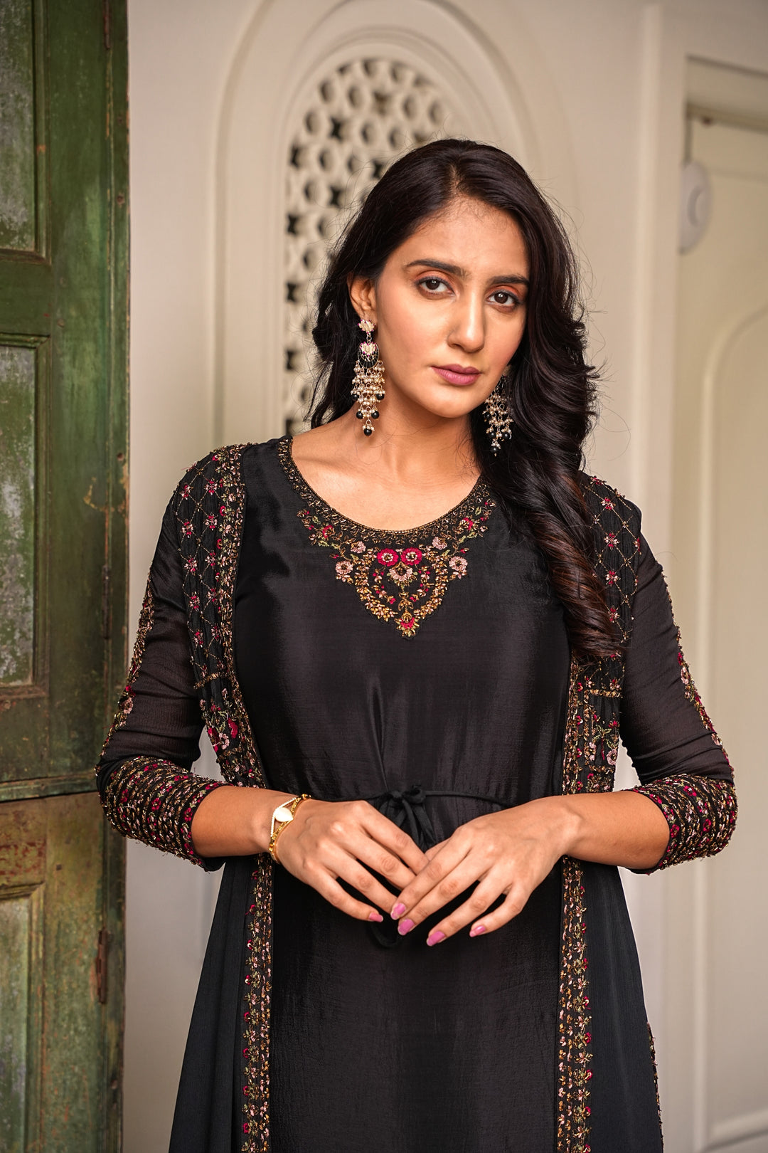 BLACK SHARARA SET FOR WOMEN- PAIRED WITH JACKET - EMBROIDERED WITH RESHAM & HANDWORK - SET OF 3