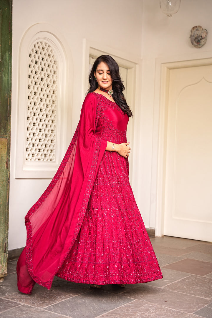 RUST RED INDO-WESTERN FRONT SLIT GOWN FOR WOMEN- PAIRED WITH LEHENGA & DUPATTA - EMBROIDERED WITH RESHAM, ZARI & HANDWORK - SET OF 3