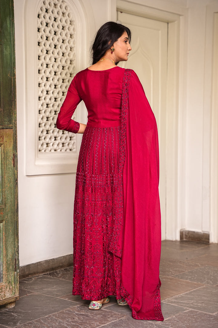 RUST RED INDO-WESTERN FRONT SLIT GOWN FOR WOMEN- PAIRED WITH LEHENGA & DUPATTA - EMBROIDERED WITH RESHAM, ZARI & HANDWORK - SET OF 3