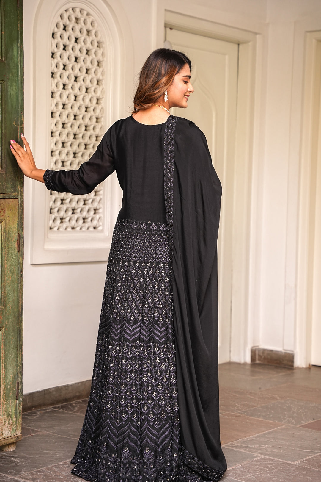 BLACK INDO-WESTERN FRONT SLIT GOWN FOR WOMEN- PAIRED WITH LEHENGA & DUPATTA - EMBROIDERED WITH RESHAM & HANDWORK - SET OF 3