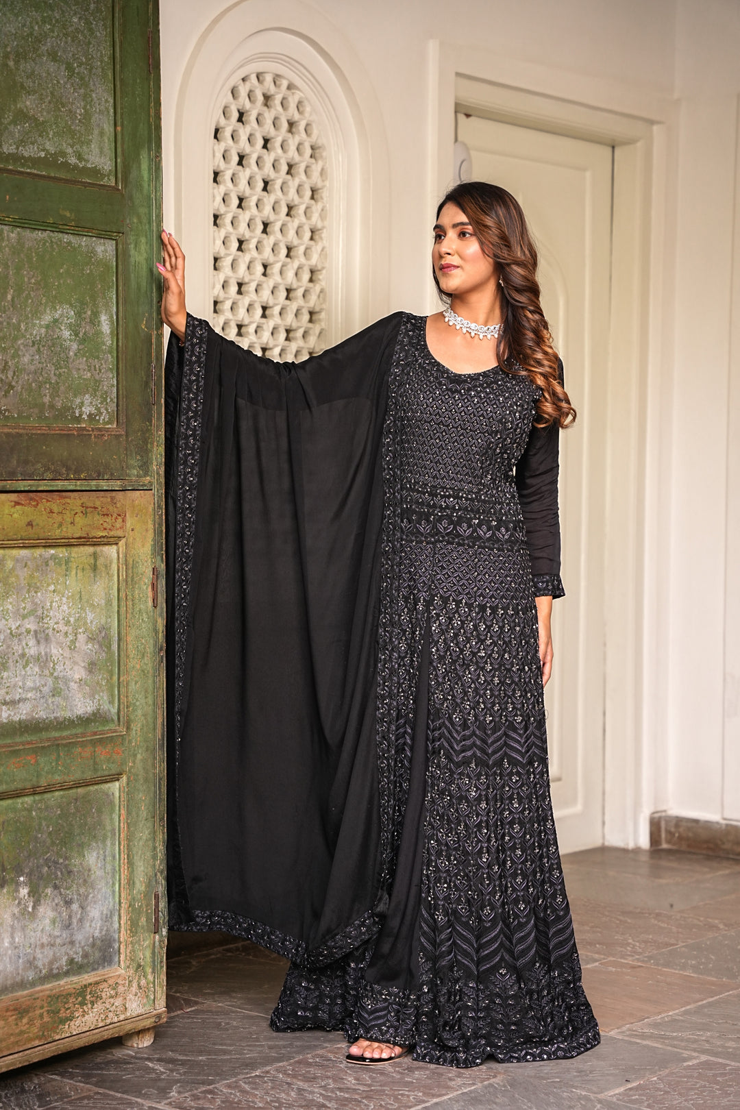 BLACK INDO-WESTERN FRONT SLIT GOWN FOR WOMEN- PAIRED WITH LEHENGA & DUPATTA - EMBROIDERED WITH RESHAM & HANDWORK - SET OF 3