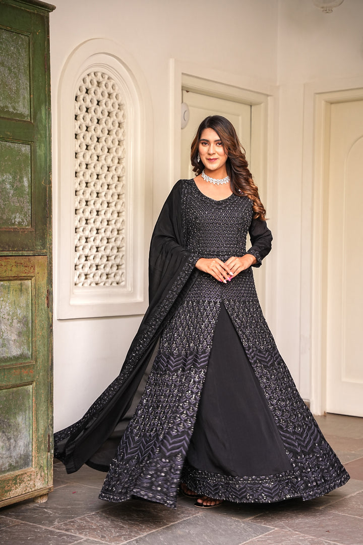 BLACK INDO-WESTERN FRONT SLIT GOWN FOR WOMEN- PAIRED WITH LEHENGA & DUPATTA - EMBROIDERED WITH RESHAM & HANDWORK - SET OF 3