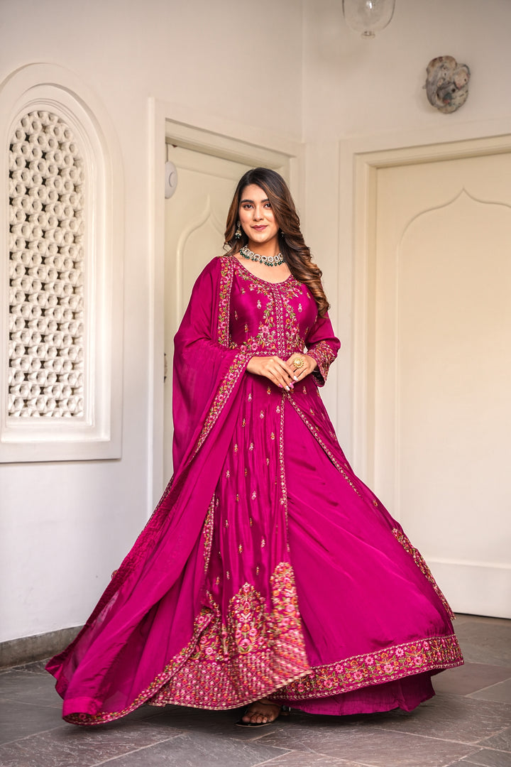 MAROON INDO-WESTERN FRONT SLIT GOWN FOR WOMEN- PAIRED WITH LEHENGA & DUPATTA - EMBROIDERED WITH RESHAM & HANDWORK - SET OF 3