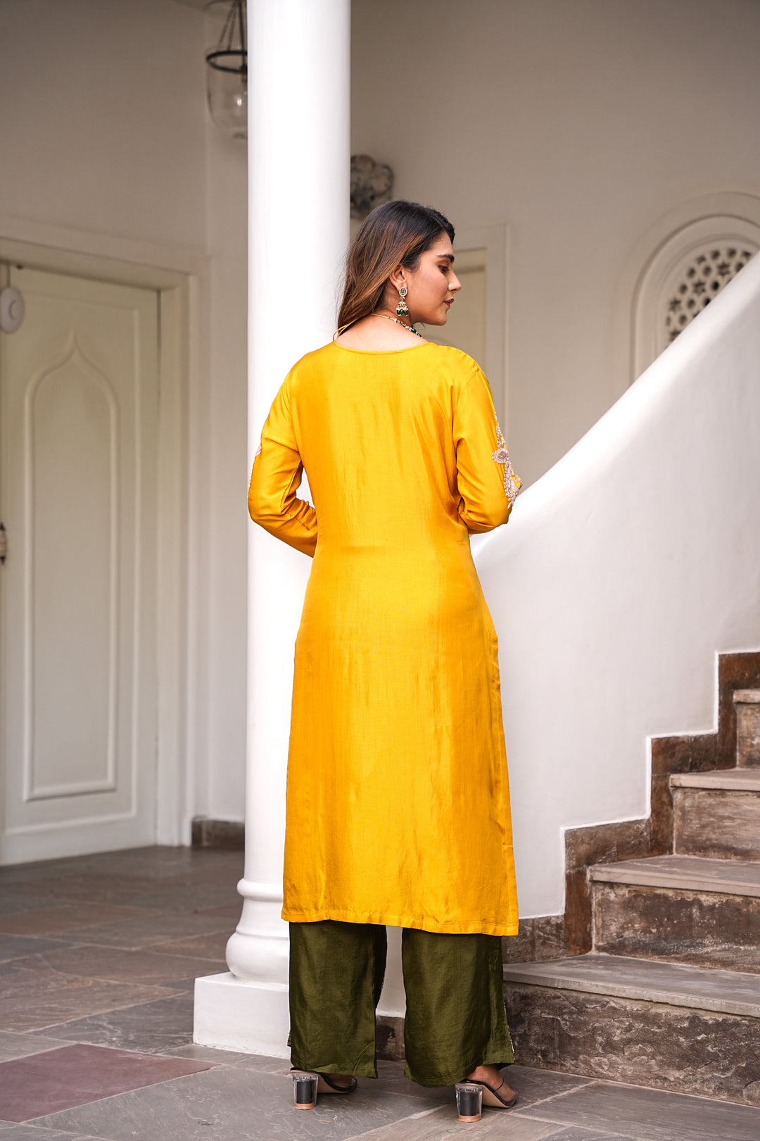 YELLOW STRAIGHT KURTA & PANT SET FOR WOMEN- PAIRED WITH DUPATTA - EMBROIDERED WITH RESHAM & HANDWORK - SET OF 2