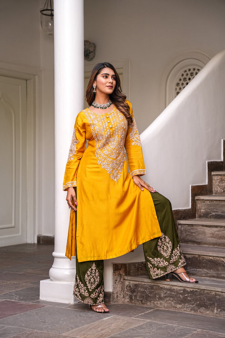 YELLOW STRAIGHT KURTA & PANT SET FOR WOMEN- PAIRED WITH DUPATTA - EMBROIDERED WITH RESHAM & HANDWORK - SET OF 2