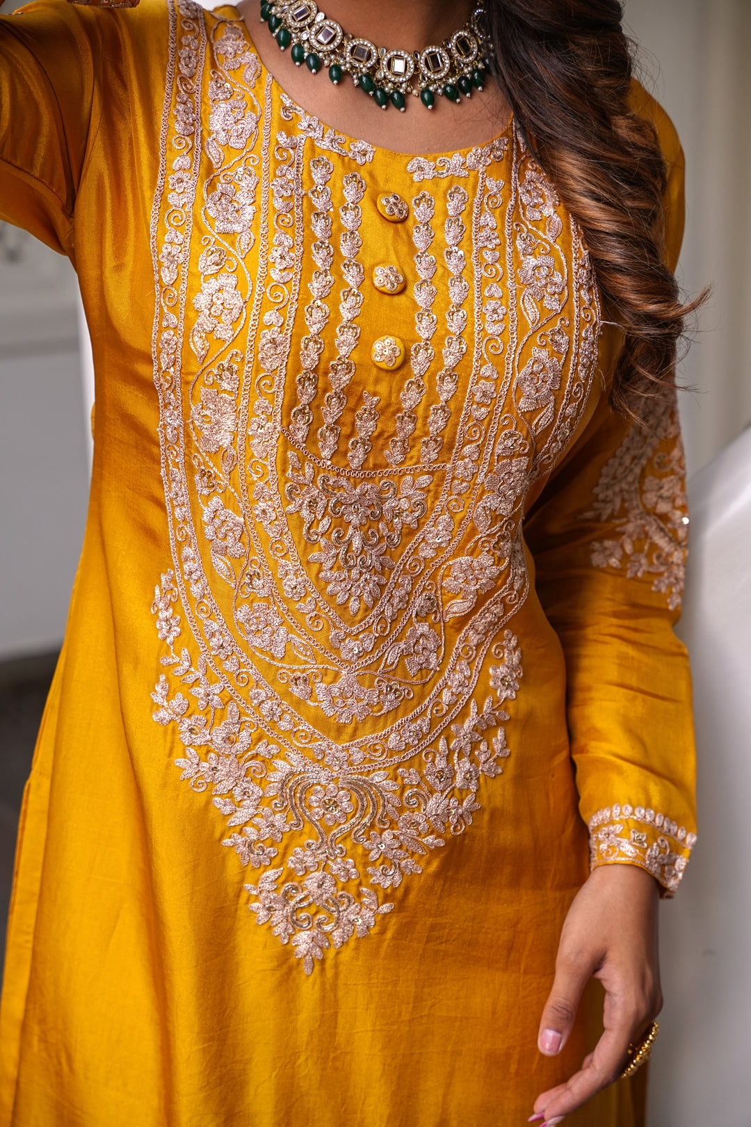 YELLOW STRAIGHT KURTA & PANT SET FOR WOMEN- PAIRED WITH DUPATTA - EMBROIDERED WITH RESHAM & HANDWORK - SET OF 2