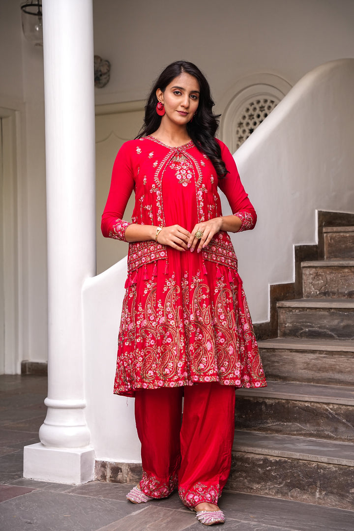 RED SHORT ANARKALI FOR WOMEN- PAIRED WITH PANT & JACKET - EMBROIDERED WITH RESHAM & HANDWORK - SET OF 3