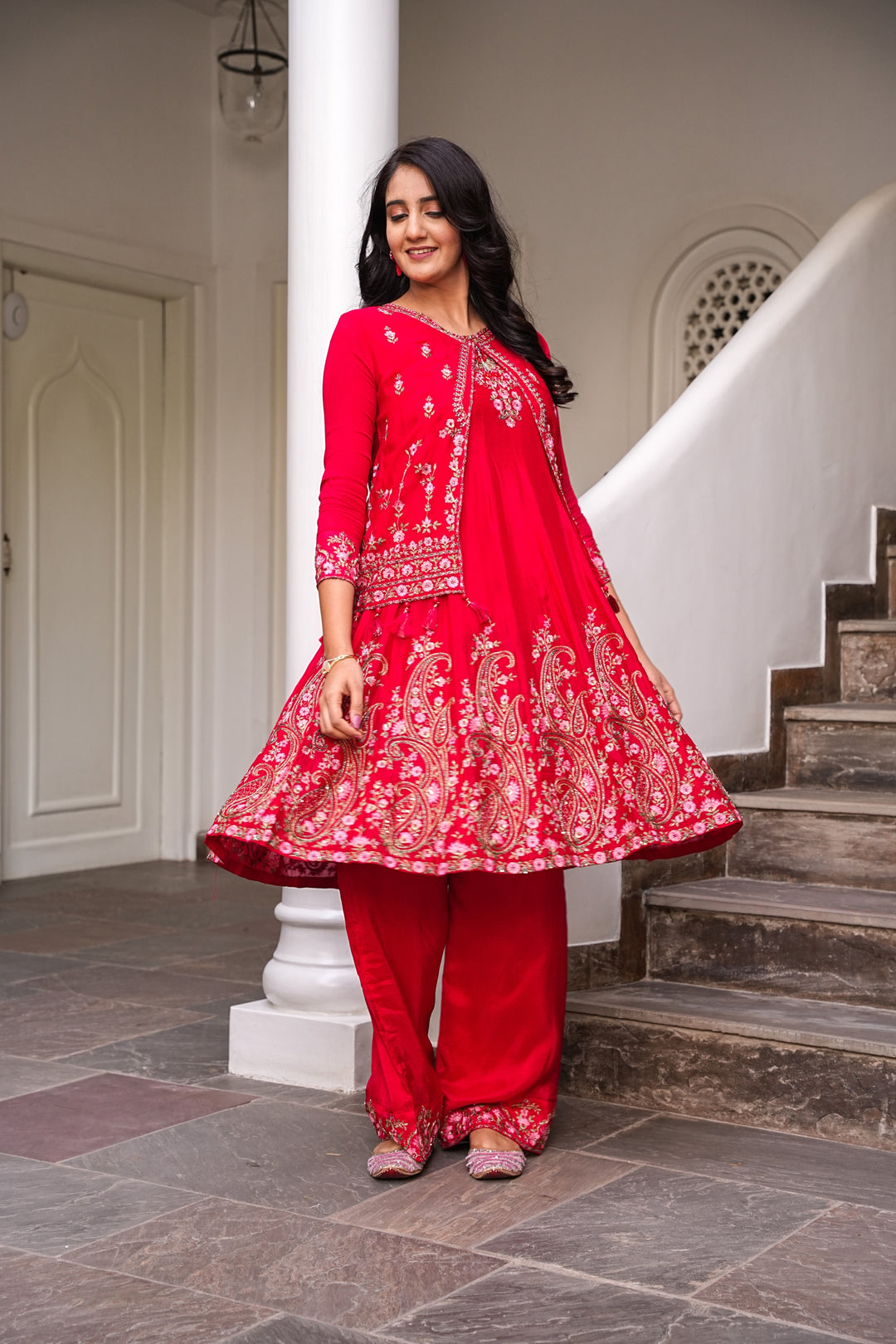 RED SHORT ANARKALI FOR WOMEN- PAIRED WITH PANT & JACKET - EMBROIDERED WITH RESHAM & HANDWORK - SET OF 3