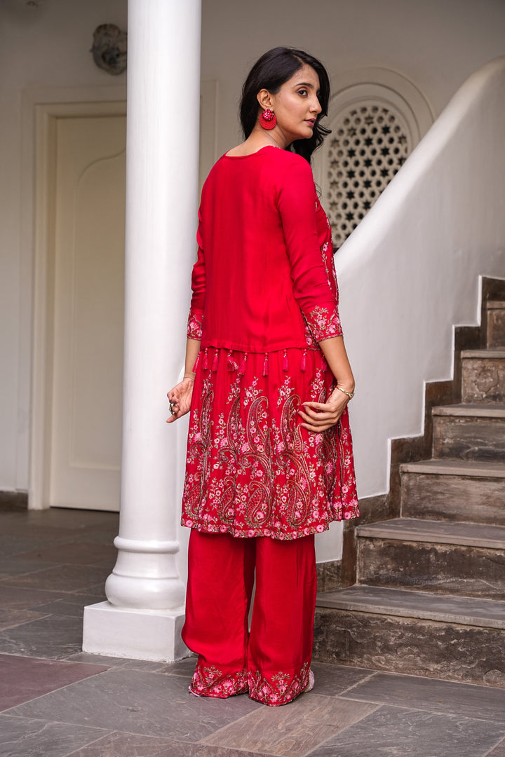 RED SHORT ANARKALI FOR WOMEN- PAIRED WITH PANT & JACKET - EMBROIDERED WITH RESHAM & HANDWORK - SET OF 3