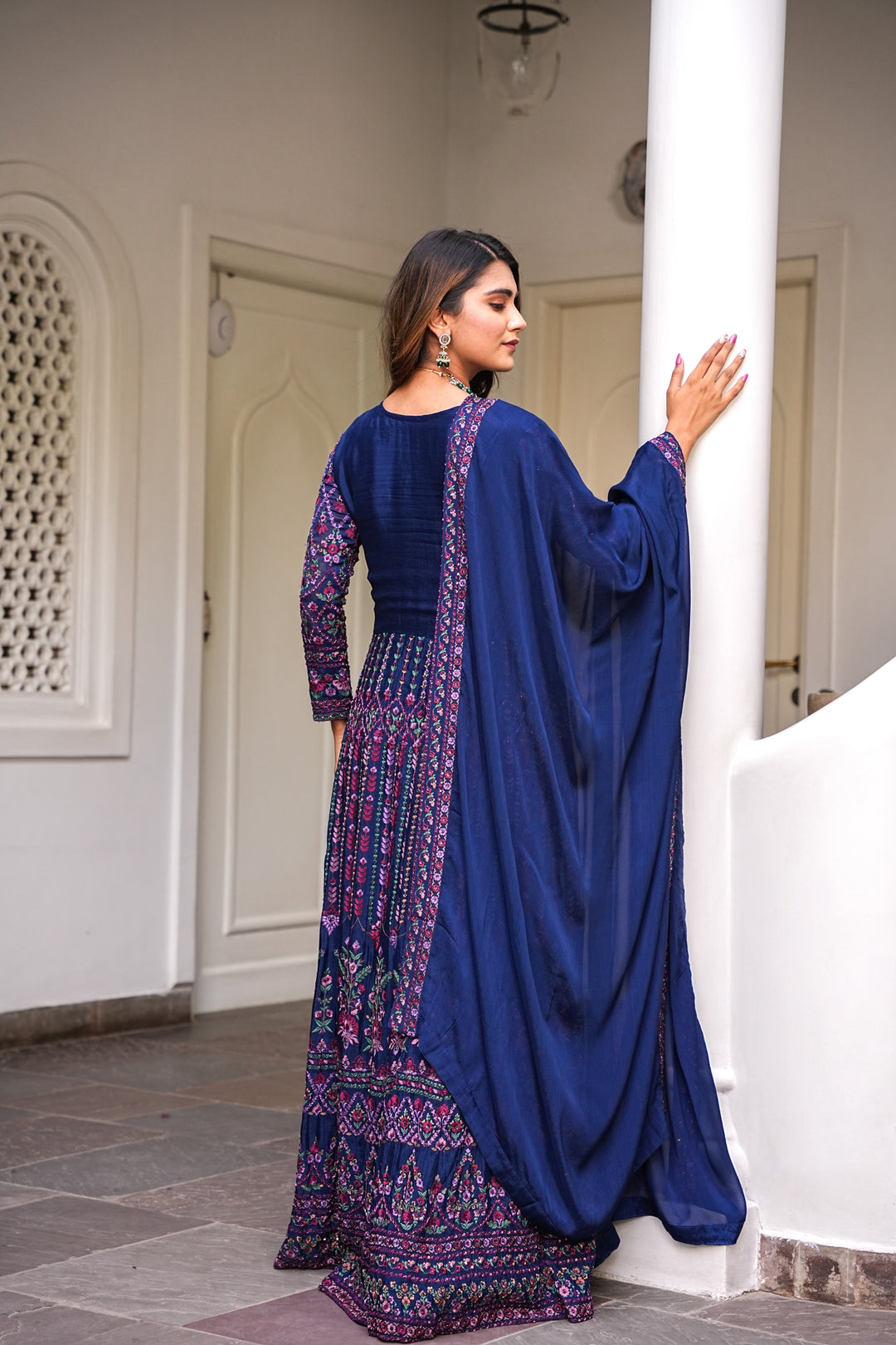 BLUE INDO-WESTERN FRONT SLIT GOWN FOR WOMEN- PAIRED WITH LEHENGA & DUPATTA - EMBROIDERED WITH RESHAM & HANDWORK - SET OF 3