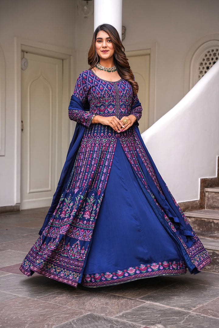 BLUE INDO-WESTERN FRONT SLIT GOWN FOR WOMEN- PAIRED WITH LEHENGA & DUPATTA - EMBROIDERED WITH RESHAM & HANDWORK - SET OF 3