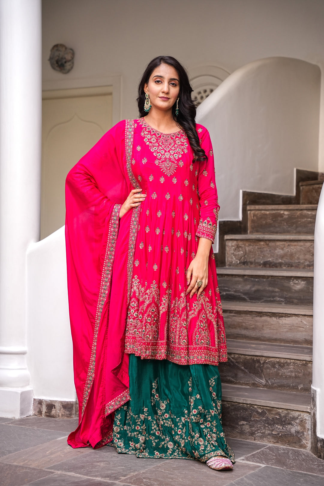 RED SHORT ANARKALI FOR WOMEN- PAIRED WITH LEHENGA & DUPATTA - EMBROIDERED WITH ZARI & HANDWORK - SET OF 3