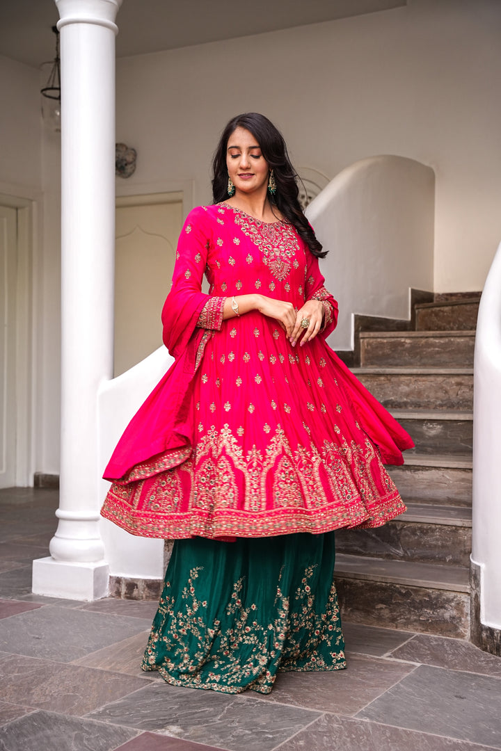 RED SHORT ANARKALI FOR WOMEN- PAIRED WITH LEHENGA & DUPATTA - EMBROIDERED WITH ZARI & HANDWORK - SET OF 3