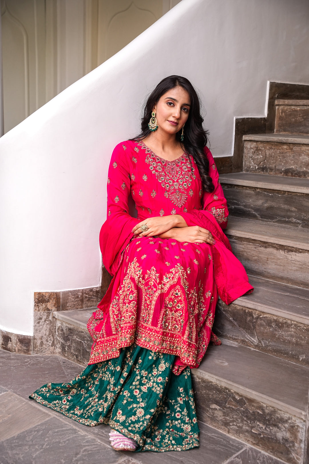 RED SHORT ANARKALI FOR WOMEN- PAIRED WITH LEHENGA & DUPATTA - EMBROIDERED WITH ZARI & HANDWORK - SET OF 3