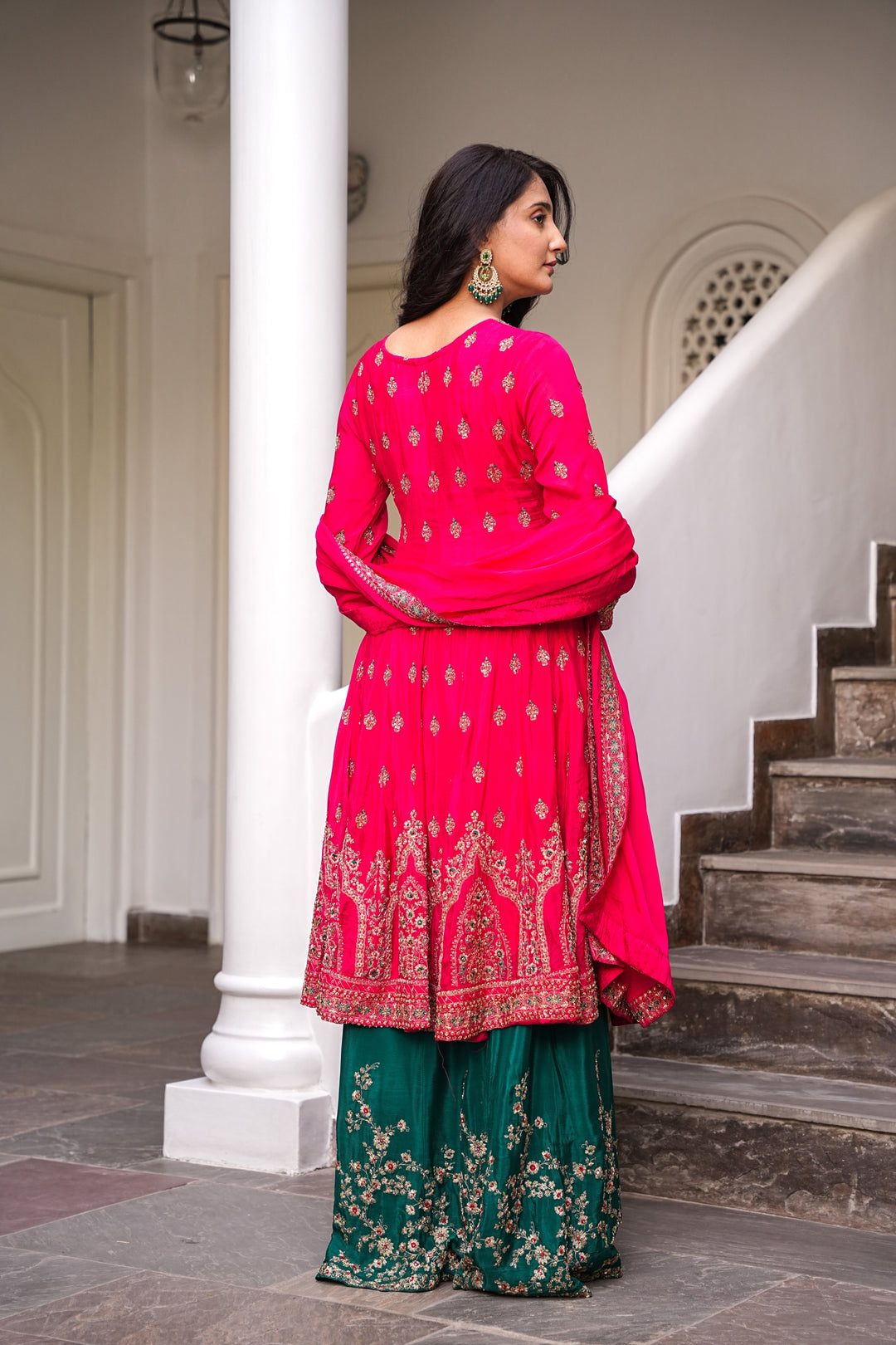 RED SHORT ANARKALI FOR WOMEN- PAIRED WITH LEHENGA & DUPATTA - EMBROIDERED WITH ZARI & HANDWORK - SET OF 3