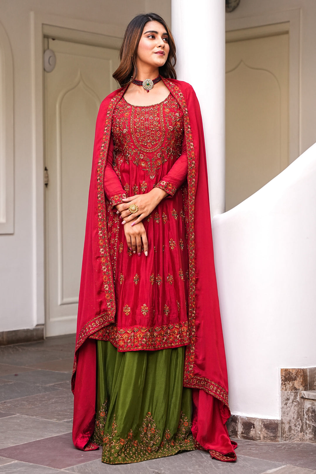 COPPER RED ANARKALI FOR WOMEN- PAIRED WITH LEHENGA & DUPATTA - EMBROIDERED WITH RESHAM & HANDWORK - SET OF 3