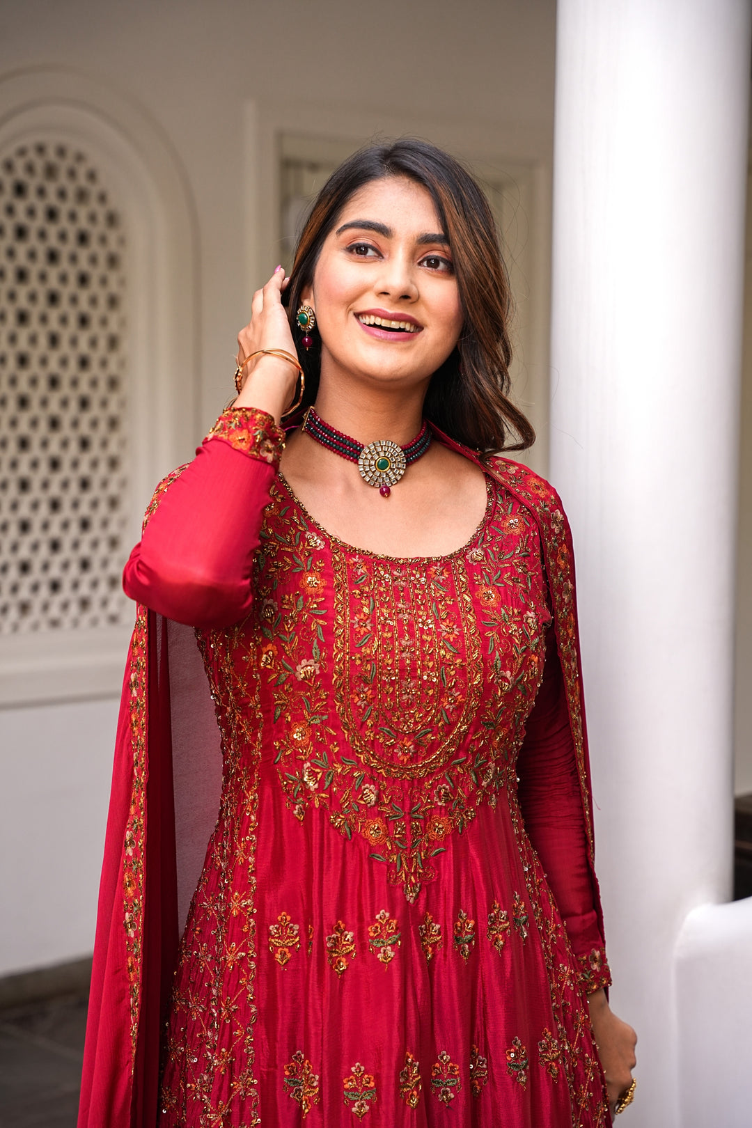 COPPER RED ANARKALI FOR WOMEN- PAIRED WITH LEHENGA & DUPATTA - EMBROIDERED WITH RESHAM & HANDWORK - SET OF 3