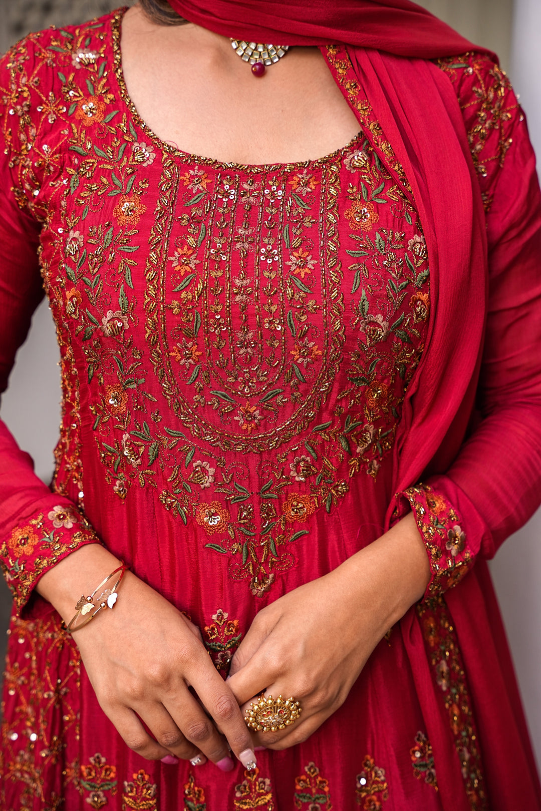 COPPER RED ANARKALI FOR WOMEN- PAIRED WITH LEHENGA & DUPATTA - EMBROIDERED WITH RESHAM & HANDWORK - SET OF 3