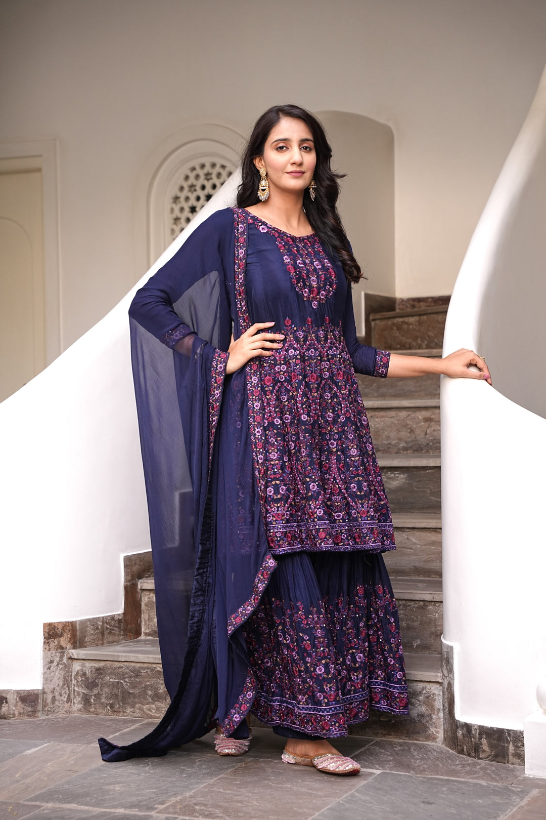 BLUE SHARARA SET FOR WOMEN - PAIRED WITH DUPATTA - EMBROIDERED WITH RESHAM & HANDWORK - SET OF 3