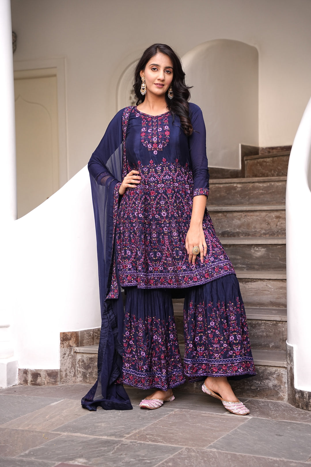 BLUE SHARARA SET FOR WOMEN - PAIRED WITH DUPATTA - EMBROIDERED WITH RESHAM & HANDWORK - SET OF 3