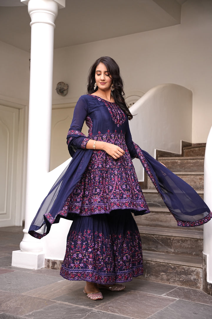 BLUE SHARARA SET FOR WOMEN - PAIRED WITH DUPATTA - EMBROIDERED WITH RESHAM & HANDWORK - SET OF 3