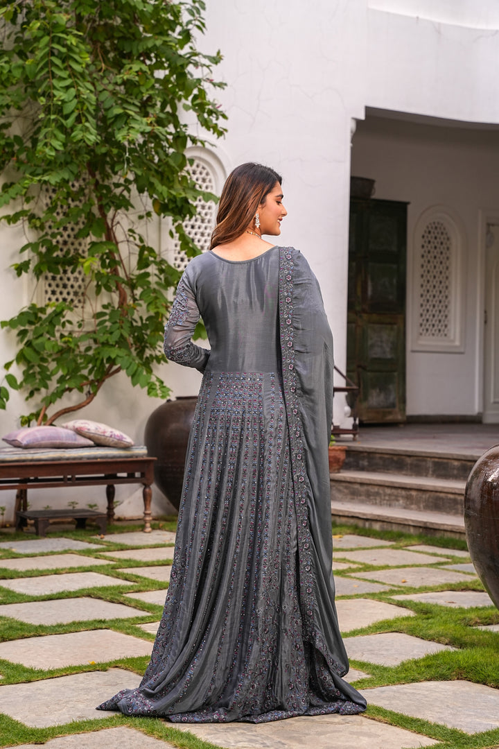 GREY LONG FLAIRED GOWN WITH DUPATTA FOR WOMEN- EMBROIDERED WITH RESHAM & HANDWORK - SET OF 2