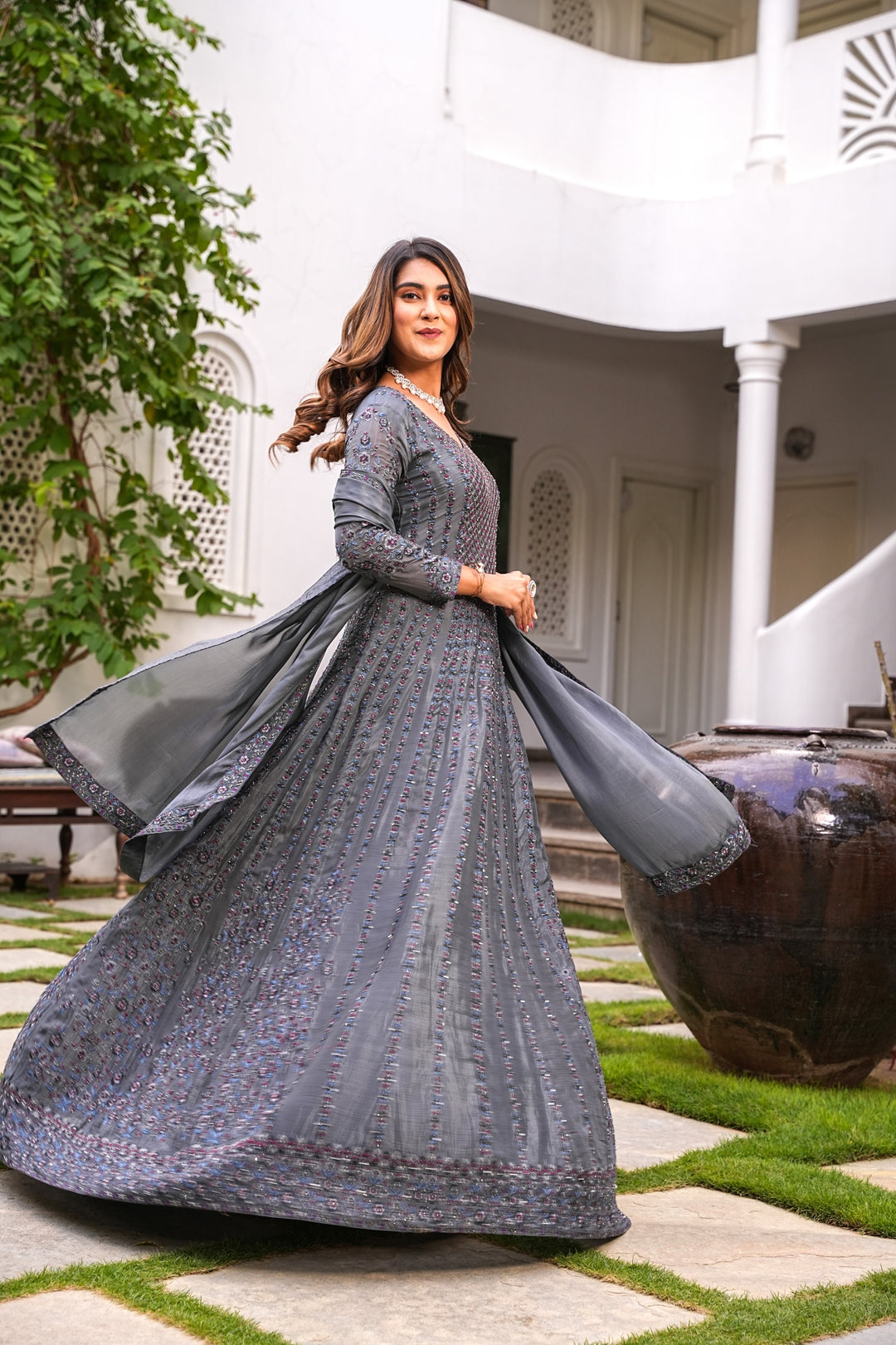 GREY LONG FLAIRED GOWN WITH DUPATTA FOR WOMEN- EMBROIDERED WITH RESHAM & HANDWORK - SET OF 2