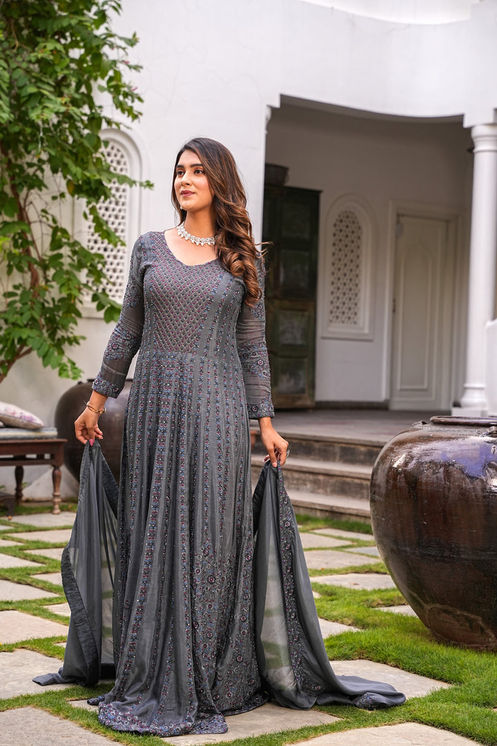 GREY LONG FLAIRED GOWN WITH DUPATTA FOR WOMEN- EMBROIDERED WITH RESHAM & HANDWORK - SET OF 2