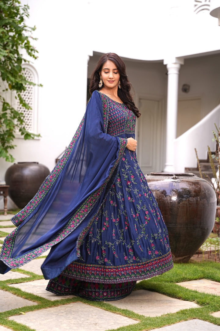 ETHNIC BLUE ANARKALI FOR WOMEN - PAIRED WITH LEHENGA & DUPATTA - EMBROIDERED WITH RESHAM & HANDWORK - SET OF 3