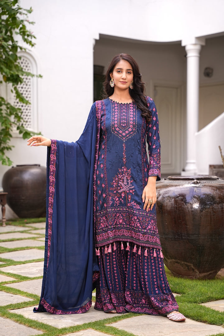 ETHNIC BLUE SHARARA SET FOR WOMEN - EMBROIDERED WITH RESHAM & HANDWORK - SET OF 3