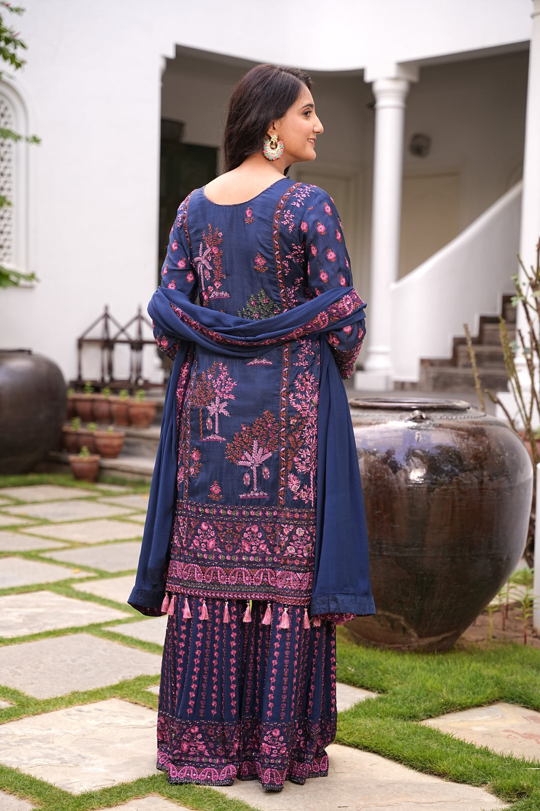 ETHNIC BLUE SHARARA SET FOR WOMEN - EMBROIDERED WITH RESHAM & HANDWORK - SET OF 3